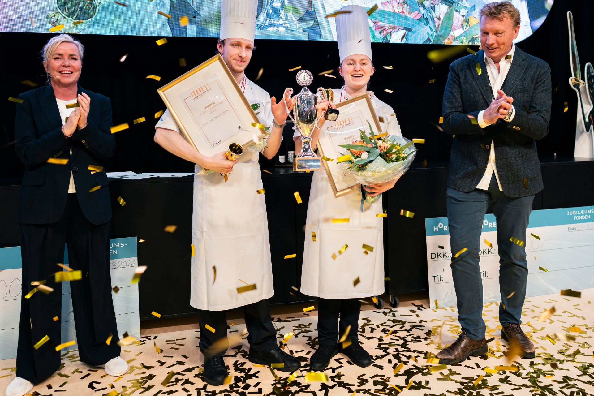 Fra venstre Pia Svane (HORESTA), Årets Kok 2026 - Magnus K. Ravnbo, Årets Kok 2026 - Cecilie Gade og Michael Jørgensen (3F). Foto: Arek Pedersen (HORESTA).